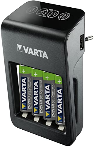 Varta Caricabatterie Spina Power on Demand LCD Plug Charger+ per Accumulatori AA AAA 9V Dispositivi USB, Ricarica Slot Singolo, Incluse 4x Mignon da 2100 mAh
