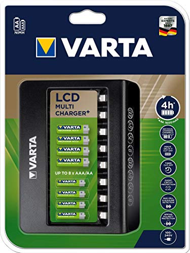 VARTA Multi Charger +, Caricatore per batterie ricaricabili in AA   AAA   9V, ricarica a singolo slot, rilevamento di celle difettose, utilizzabile in tutto il mondo, 8 slot di ricarica