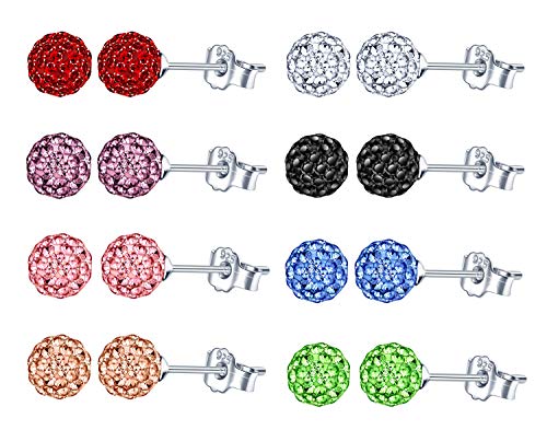 8 coppie orecchini a sfera di cristallo set in argento sterling 925- nero bianco blu rosa verde viola rosso champagne