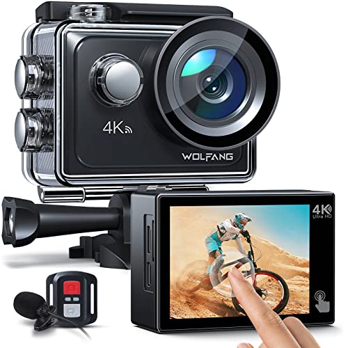Action Cam WOLFANG GA300 4K 60FPS, 20MP WiFi EIS Action Camera con schermo tattile, 8X Zoom Fotocamera Impermeabile 40M Subacquea Videocamera, Mic Esterno, Telecomando 2x1350mAh Batterie e Accessori