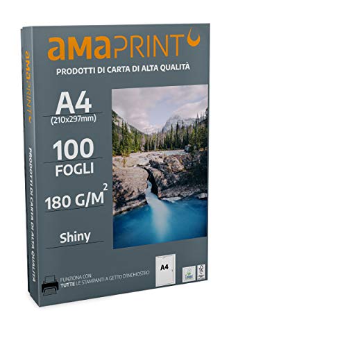 Amaprint 100 fogli di carta fotografica A4 lucida 180g m² per stampante inchiostro - alta brillantezza - impermeabile