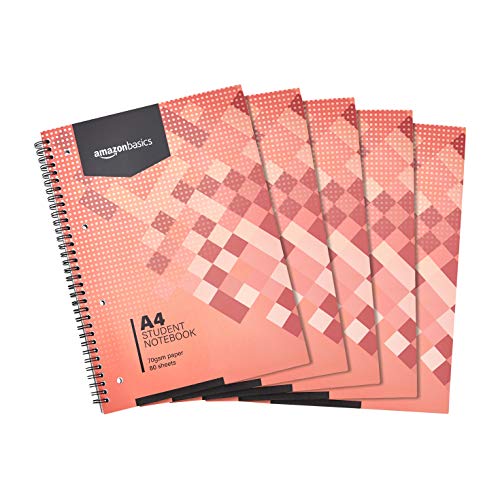 Amazon Basics - Quaderno per studenti, 80 fogli 160 pagine, formato A4, 70 g m², (confezione da 5)