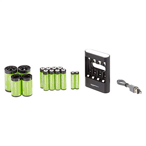 Amazon Basics - Set caricabatterie USB con batterie ricaricabili AA (confezione da 8), AAA (confezione da 2), compatibile con batterie C, D - Nero