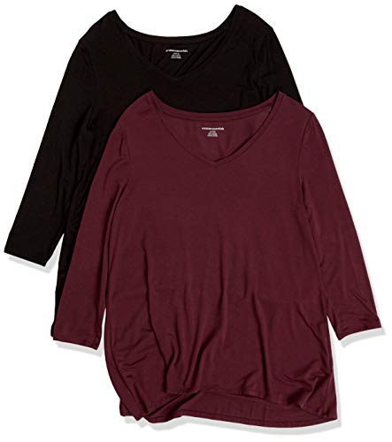 Amazon Essentials T-Shirt Swing con Maniche a 3 4 e Scollo a V (Taglie Forti Disponibili) Donna, Pacco da 2, Nero Bordeaux, XXL