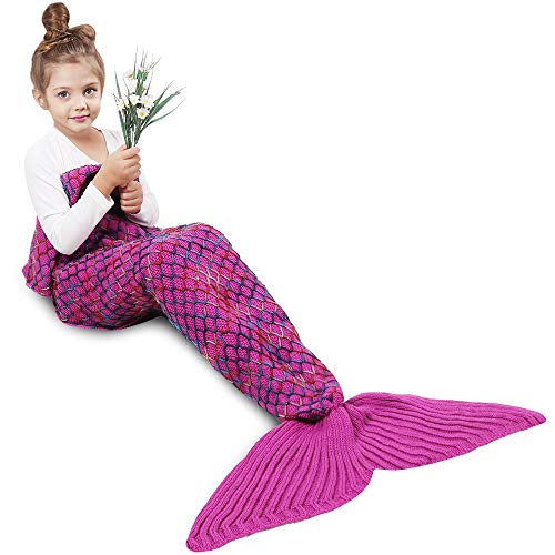 Amyhomie, coperta a coda di sirena, realizzata a mano all uncinetto, per bambini, per tutte le stagioni, Cotone, arcobaleno, Bambino