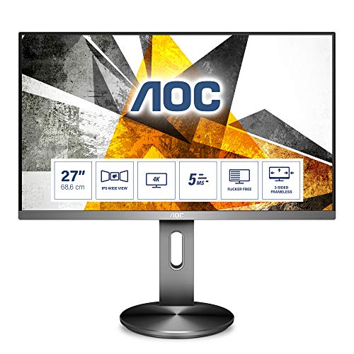 AOC U2790PQU Monitor da 27  IPS, Frameless, UHD 3840x2160, 5 msec, 1 VGA, 2 X HDMI, 1 DP, 2 Porte USB, Speaker, Base Regolabile in Altezza, Grigio