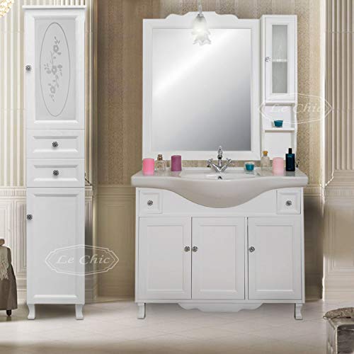 arredo Bagno Mobile con lavabo Specchio e Colonna salvaspazio Shabby Chic in Vero Legno Bianco provenzale