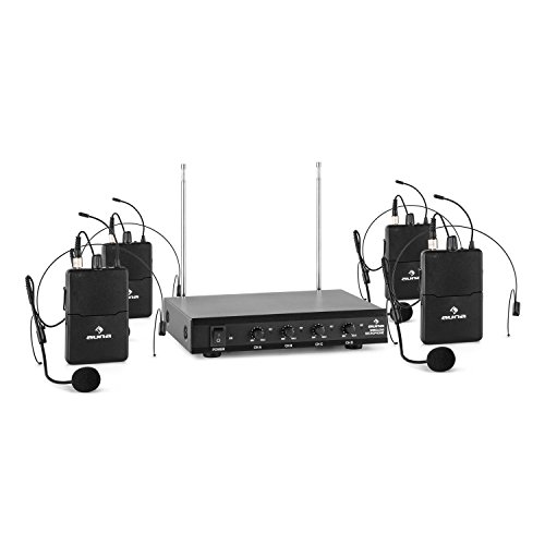 AUNA Pro VHF-4-HS 4 x Radiomicrofoni Wireless VHF con Ricevitore (4 Canali, Copertura 50 metri, 4 Microfoni ad Archetto, Uscita Jack, 2 Antenne Telescopiche) Nero