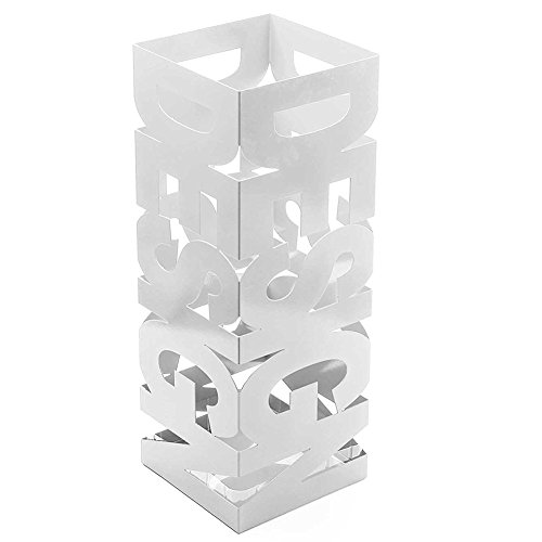 BAKAJI Portaombrelli Stand in Ferro Design BAK9W Porta Ombrelli Forma Quadrata Colore Bianco con Decorazione Intarsio Scritta Design Vaschetta Salvagoccia Dimensioni 49 x 15,5 cm