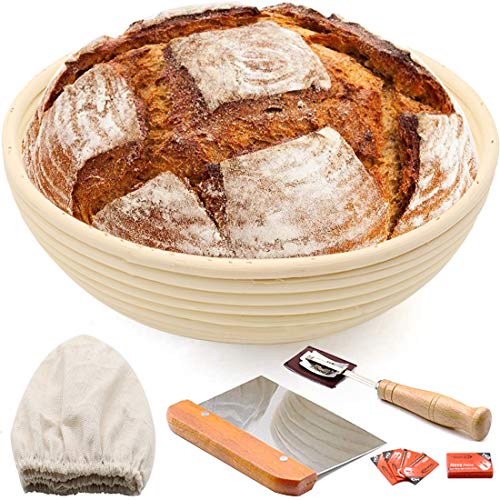 Banneton - Cestino rotondo da 25 cm per la pasta, include rivestimento in lino, raschietto per impasti metallici, lame supplementari, ciotola per la produzione di pane artigianale