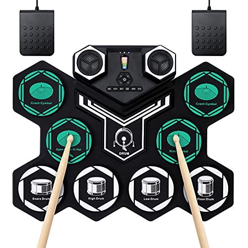 Batteria Elettronica, WekiiStar Roll-Up E Drum Kit 9 Pad in Silicone Supporta Riproduzione DTX Altoparlante Stereo Incorporato Bluetooth, MIDI, per Bambini Principianti