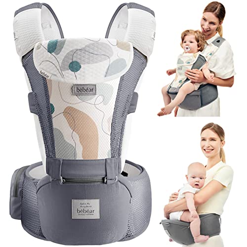 Bebamour Marsupio per 0-36 mesi, marsupio traspirante da neonato a bambino, approvato dagli standard di sicurezza, seggiolino ergonomico 6 in 1 anteriore (New Air Grey)