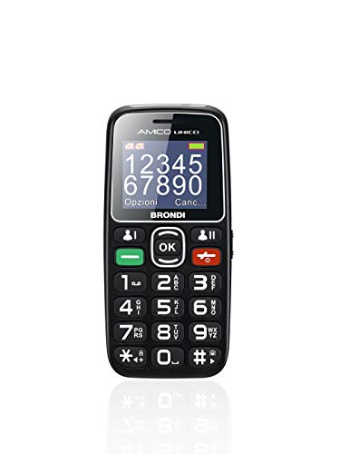 Brondi Amico Unico, Telefono cellulare GSM per anziani con tasti grandi, tasto SOS e funzione da remoto, dual SIM, volume alto, Nero