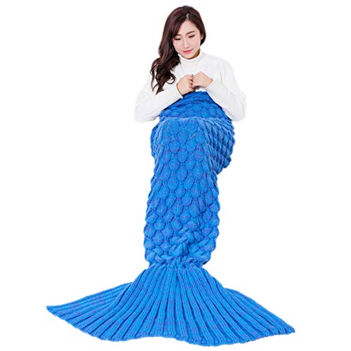 Cicilin Coperta a Forma di Coda di Sirena per Bambini, Adolescenti e Adulti, all Uncinetto Sacco a Pelo Calda Coperta Indossabile (Blu) 450g