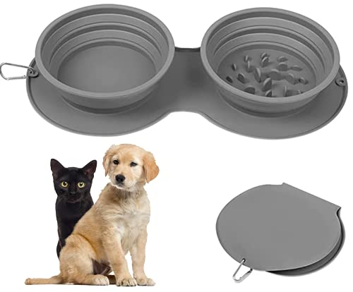 Crea DOUBLE-Ciotola portatile doppia, pieghevole per animali domestici,cani e gatti. In silicone alimentare, con moschettone, da Viaggio.