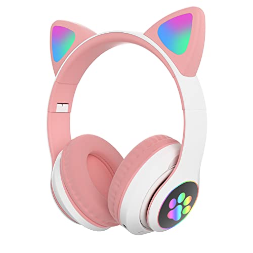 Cuffie Bluetooth Pieghevoli, con Orecchie di Gatto, LED, per Bambini, con Microfono Sopra L orecchio, per Scuola Tablet, PC (Rosa)