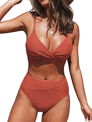 CUPSHE - Bikini da donna, a vita alta, elegante, due pezzi, rosso mattone, M