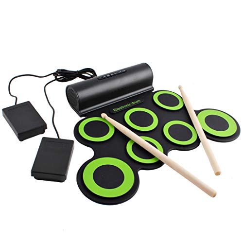 deAO Kit di Batteria Elettronica con Modello Pieghevole Portatile Set Tappetino Musicale di Percussione Batteria, Piattini e Altoparlanti Incorporati Include Bacchette e Pedale