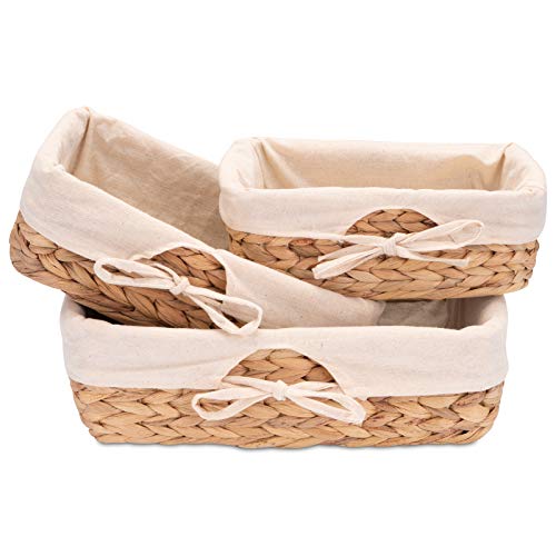 Decorasian - Set di 3 cestini per la tavola intrecciati in giacinto d’acqua con panno di lino, ideali per il pane