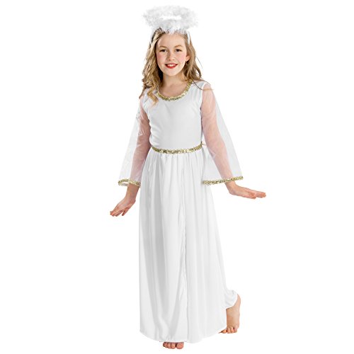 dressforfun Costume da bambina - Incantevole angelo | Lungo vestito con maniche scampanate in tulle trasparente | Aureola (10-12 anni | no. 300224)