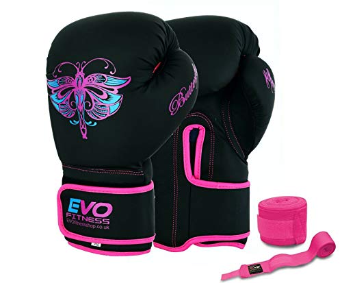 EVO Fitness - Guanti da boxe da donna, colore: rosa opaco, per arti marziali, MMA, muay thai, kickboxing, per allenamento e combattimento, con fasce per le mani, 226,8 g, colore: Rosa