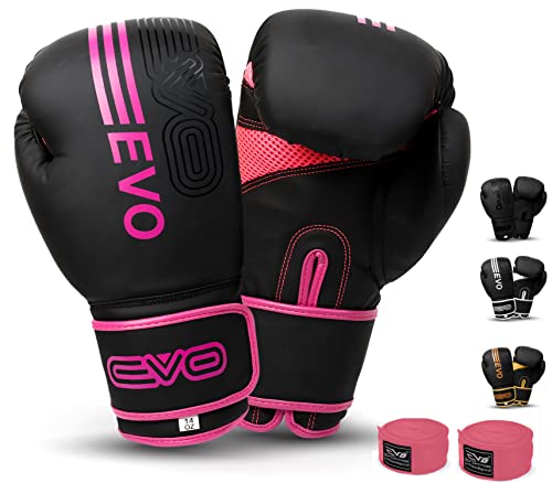EVO Fitness Guantoni da boxe neri opachi MMA Muay Thai arti marziali Kick Boxing Sparring allenamento combattimento uomo sacco da boxe donna guanti rosa con fasce per le mani (226,8 g, rosa)