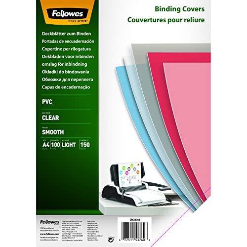 Fellowes 5376001 Copertine per Rilegatura in PVC Trasparente, Formato A4, 150 Micron, Confezione da 100 Pezzi