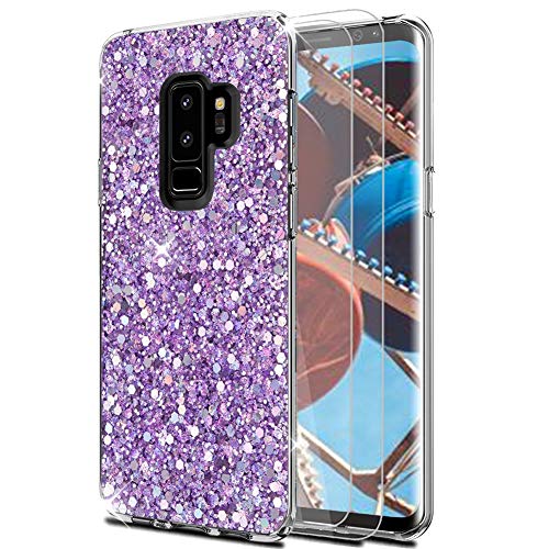 Feyten Cover Galaxy S9 Plus con HD Pellicola [2 Pack], Lucciante Brillantini Design TPU Gel Silicone Protettivo Cover Custodia per Samsung Galaxy S9 Plus (Porpora)