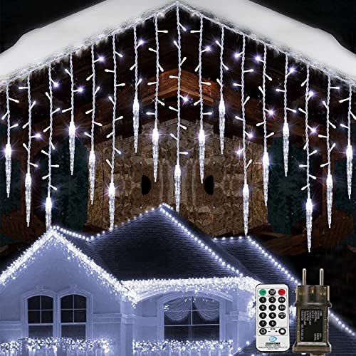Geemoo Cascata Luci da Esterno, 9M 360 LED Tenda Luminosa Natale Con 60 Ghiaccioli, Luci Natalizie da Esterno con Telecomando, Luci Decorazione Natale per Feste, Finestra (Bianco Freddo)