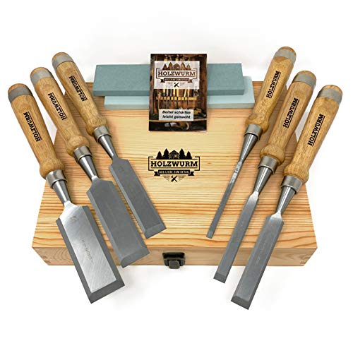HOLZWURM Set di scalpelli per legno professionali, set di 6 scalpelli con pietra per affilare, istruzioni (EN) per l affilatura e custodia in legno
