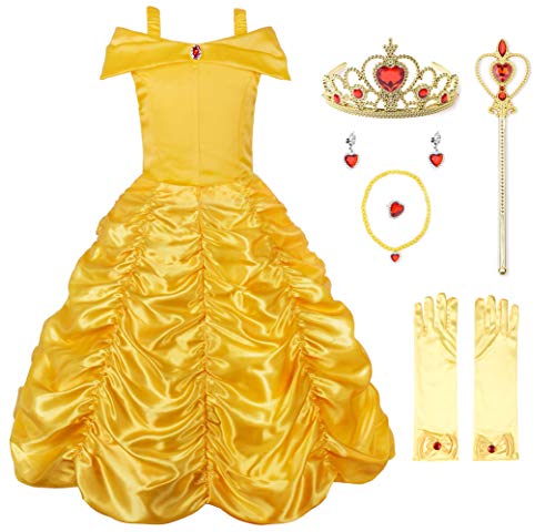 JerrisApparel Principessa Belle Carnevali Costume Vestito da Ragazze (5 Anni, Giallo con Accessori)