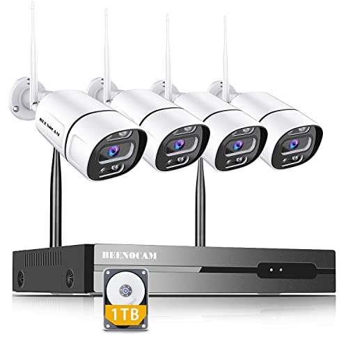 Kit Telecamere Videosorveglianza con Faretto 8CH 3MP NVR 4PCS 1296P Videosorveglianza Wireless con Funzione di Visione Notturna, Rilevamento del Movimento , 1TB HDD