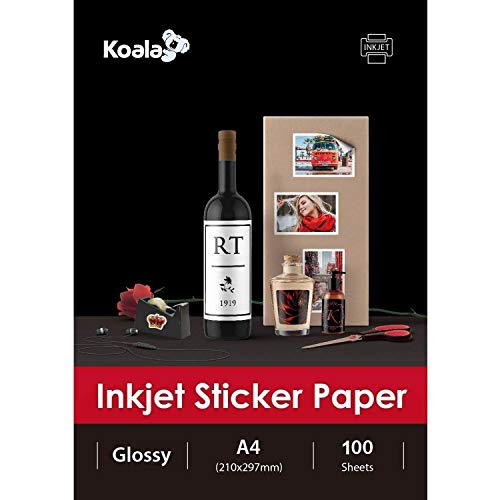 KOALA, Carta fotografica lucida bianca adesiva per stampa a getto d inchiostro di etichette A4, 100 fogli