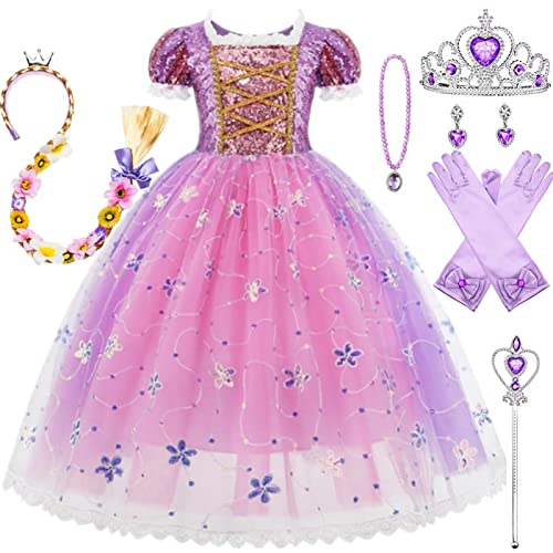 Kosplay Costume da Principessa Rapunzel per Bambina Vestito da Principessa con Accessori Ragazze Compleanno Partito Abiti Natale Halloween Carnevale Cosplay Abito