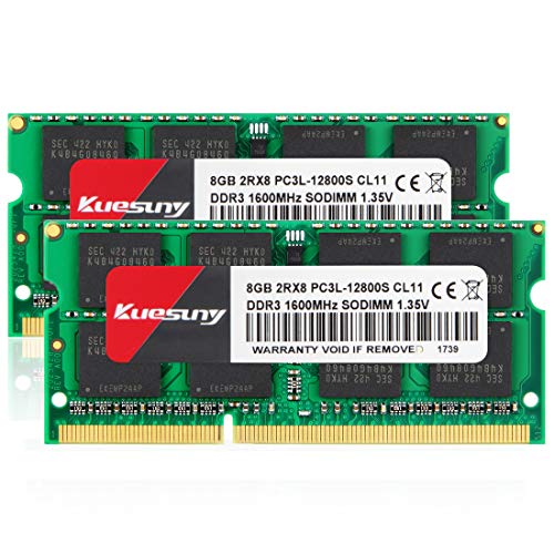 Kuesuny 16GB Kit (2X8GB) DDR3 DDR3L 1600MHz Sodimm Ram PC3 PC3L-12800S PC3 PC3L-12800 1.5V 1.35V CL11 204 Pin 2RX8 Dual Rank Non-ECC Unbuffered Memory Ram Ideal for Notebook Laptop Upgrade