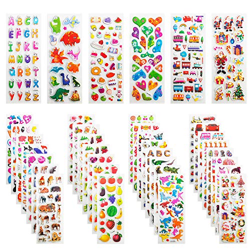 Leenou Adesivi per Bambini, 900+ Adesivi 3D Stickers per Puffy Adesivi per Regali Gratificanti Scrapbooking Inclusi Camion, Aeroplani, Animali, Pesci, Dinosauri, Numeri, Frutta e Altro (36 Fogli)