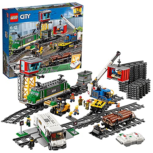LEGO 60198 City Treno Merci, Giocattolo Telecomandato per Bambini di 6-12 anni, Bluetooth RC, 3 Carrozze, Binari e Accessori