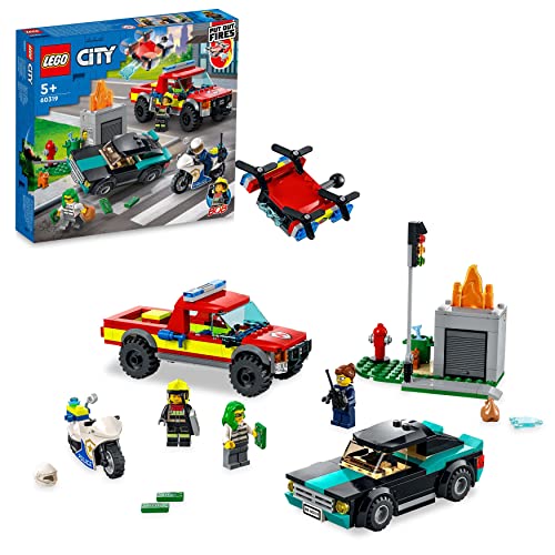 LEGO 60319 City Soccorso Antincendio e Inseguimento della Polizia, Camion Pompieri Giocattolo con Auto e Moto, Giochi per Bambini, Idee Regalo
