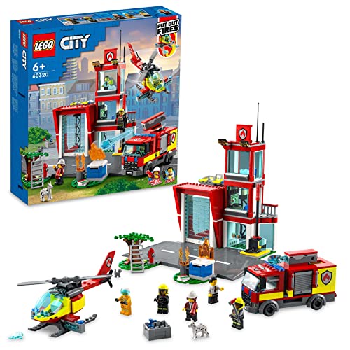 LEGO 60320 City Fire Caserma dei Pompieri, con Camion ed Elicottero Giocattolo e Garage, Giochi per Bambini e Bambine dai 6 Anni, Idee Regalo di Natale