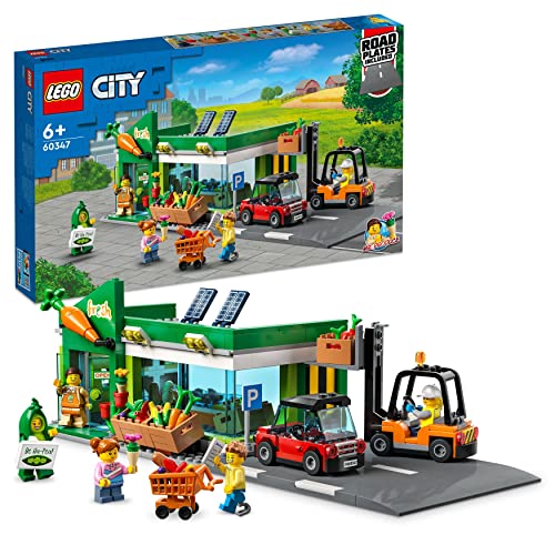 LEGO 60347 City Negozio di Alimentari, Set Costruzioni con Macchina, Carrello Elevatore, Frutta e Verdura Giocattolo, Giochi per Bambini dai 6 Anni