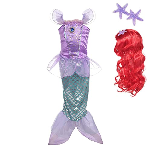 Lito Angels Costume da Principessa Sirena Ariel con Parrucca di Capelli per Bambina, Vestito da Festa di Compleanno, Taglia 6-7 Anni, Viola