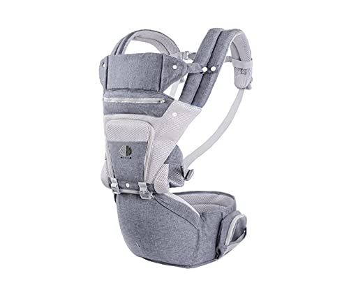 Marsupio neonati ergonomico con sedile hip seat mod. 2021, Porta-Bebè 4 Posizioni con cappuccio rimovibile regolabile, da 4 a 20kg. Completamente traspirante con cotone traforato antisudorazione.