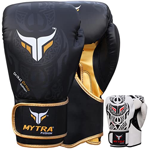 Mytra Fusion guantoni da boxe 10 oz 12 oz 14 oz 16 oz guantoni boxe per l allenamento di pugni sparring Muay Thai guantoni Uomini e donne guanti boxe (Black Gold, 16-oz)