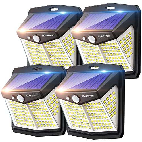 Claoner Luce Solare LED Esterno,128LED 4 PezziFaretti Solari a LED da Esterno 270° Illuminazione Luci Solari Esterno con Sensore di Movimento IP65 Impermeabile 3 Modalità per Parete, Giardino