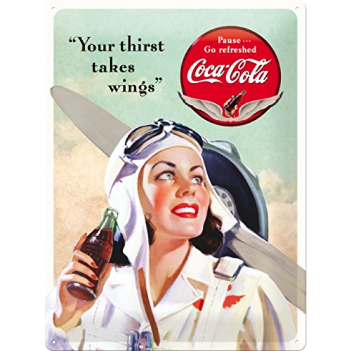 Nostalgic-Art Targa Vintage Cola – Takes Wings Lady – Idea Regalo per Amanti della Coca, in Metallo, Design Retro per Decorazione, 30 x 40 cm