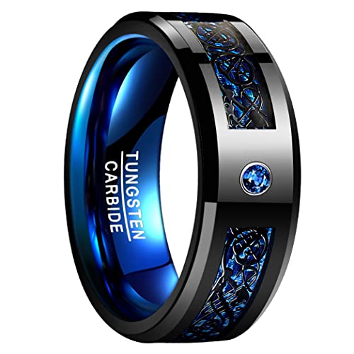 Nuncad Anello uomo donna celtico nero-blu con fibra di carbonio, zircone, unisex anello tungsteno largo 8 mm per matrimonio, fidanzamento, associazione, misura da 16.5