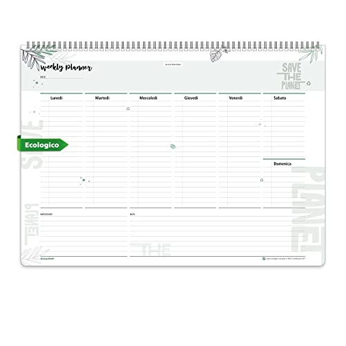Planning Settimanale da Tavolo Green SPIRALATO Perpetuo senza date - In Carta ECOLOGICA 100% - Planner Agenda Appuntamenti con Note (30x42)