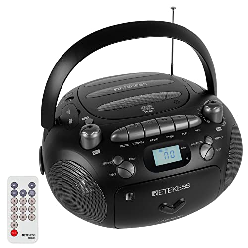 Retekess TR630 Lettore CD Portatile e Registratore a Cassette, Radio AM FM, Riproduzione USB TF Card, Supporto Audio Stereo (Nero)