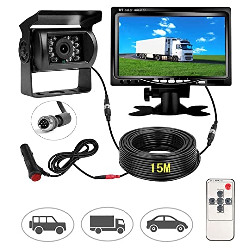 Retrocamera Camper Telecamera per Auto, Monitor LCD da 7  e Telecamera per Auto Kit, Impermeabile IP67 HD Visione Notturna con Linea di Ritardo di 15 m Sistema di Sensori di Parcheggio