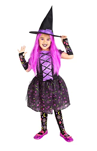 Rubies Bruja Moonlight Purple per bambina, vestito colore lilla, cappello e calze, originale, halloween, carnevale e compleanno